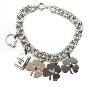 Vintage 925 Sterling Silver Lucky Clover Love Charm Bracelet (W/ 5 Charms) 7.5"